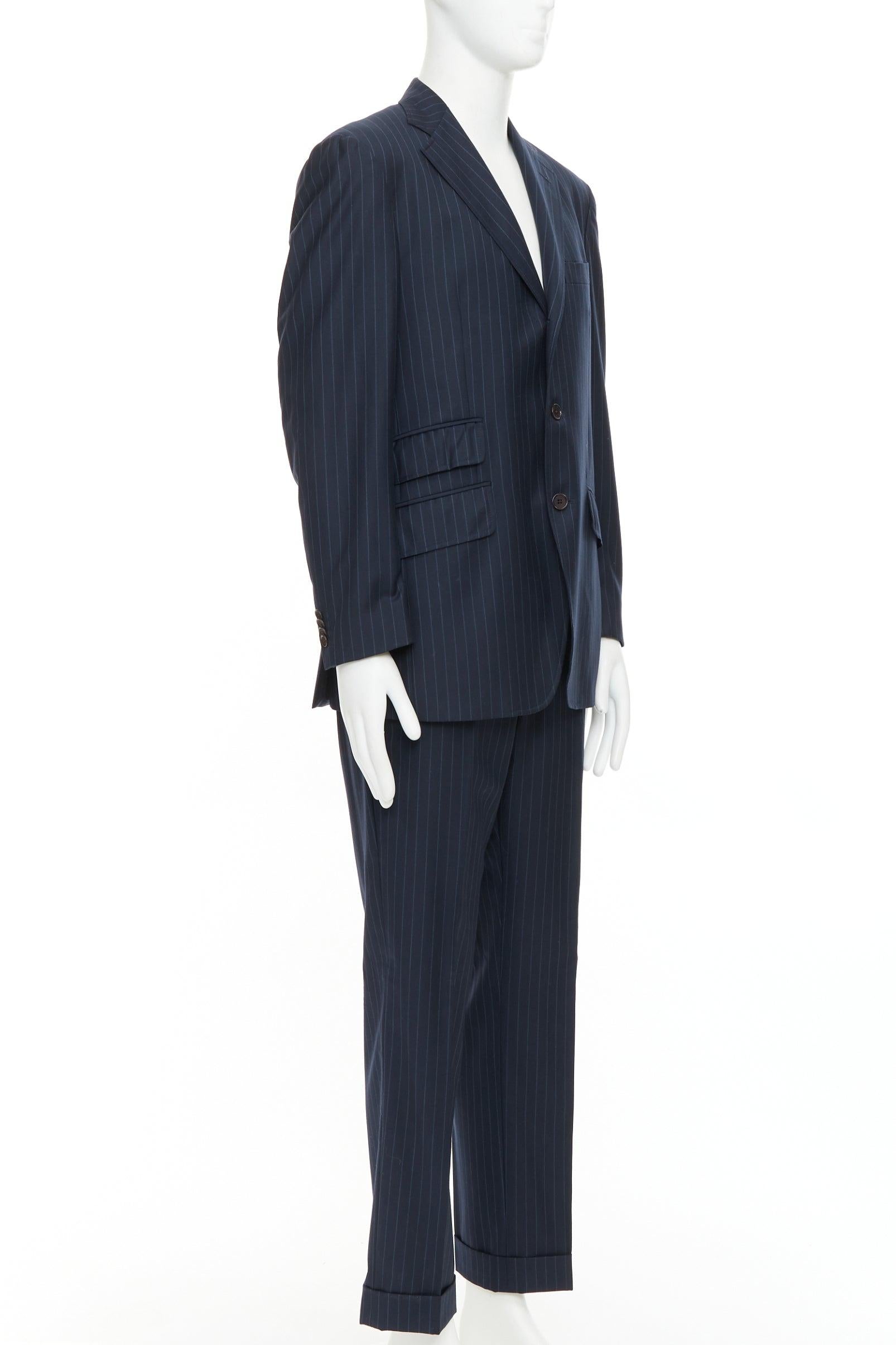 Noir ETRO navy pinstripe 100% wool single breasted cropped blazer jacket IT50 L en vente