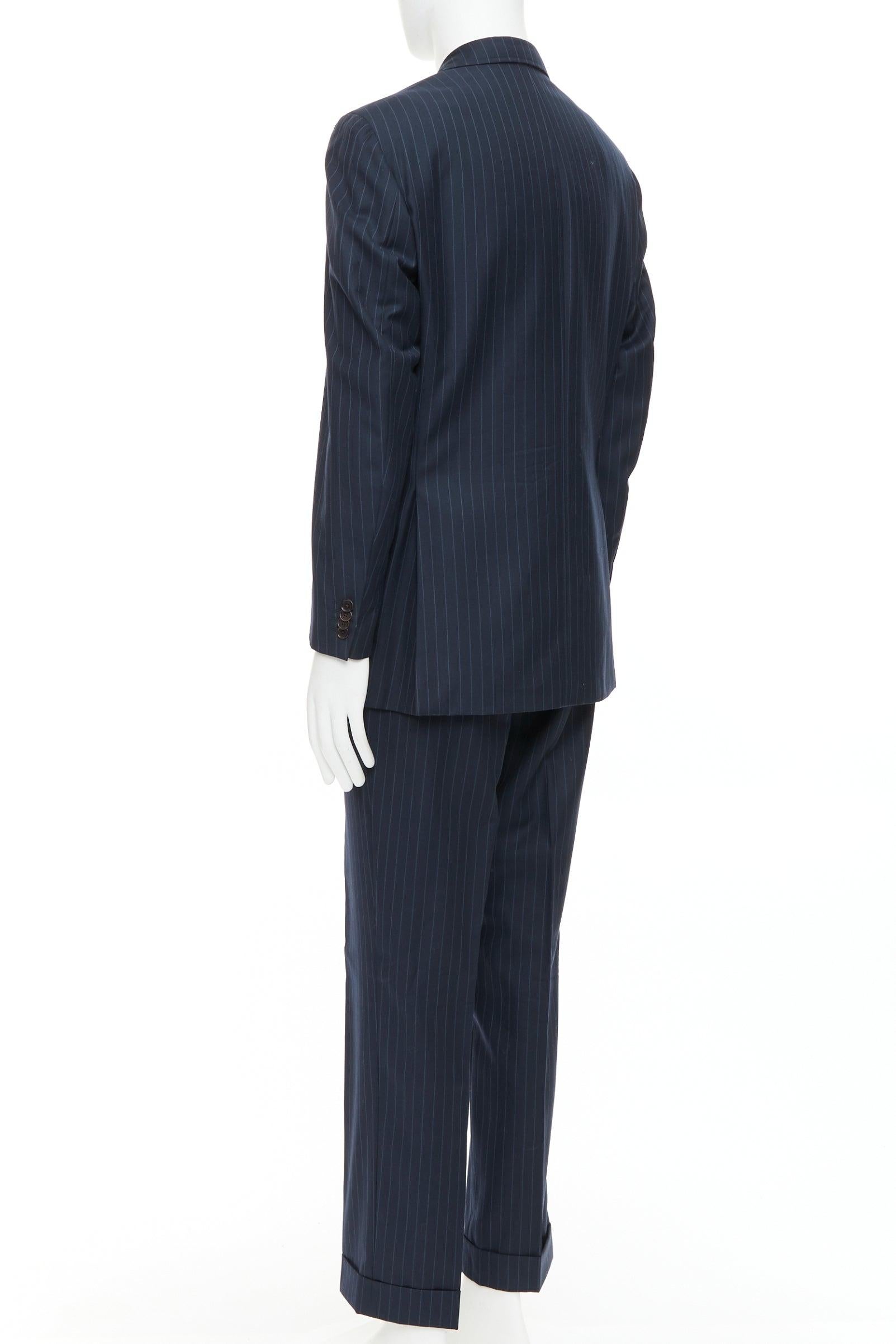 ETRO navy pinstripe 100% wool single breasted cropped blazer jacket IT50 L en vente 1