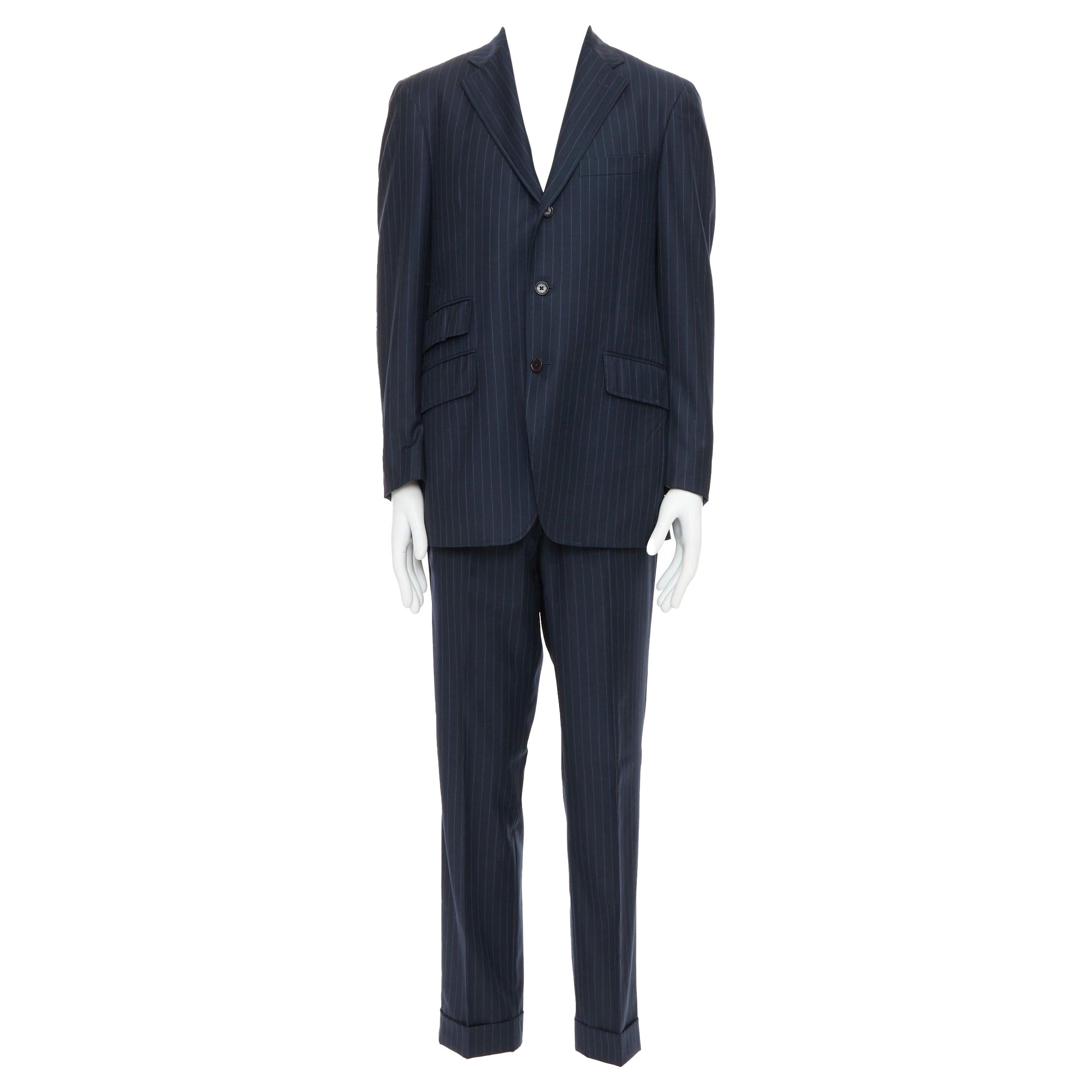 ETRO giacca blazer gessata navy 100% lana monopetto IT50 L