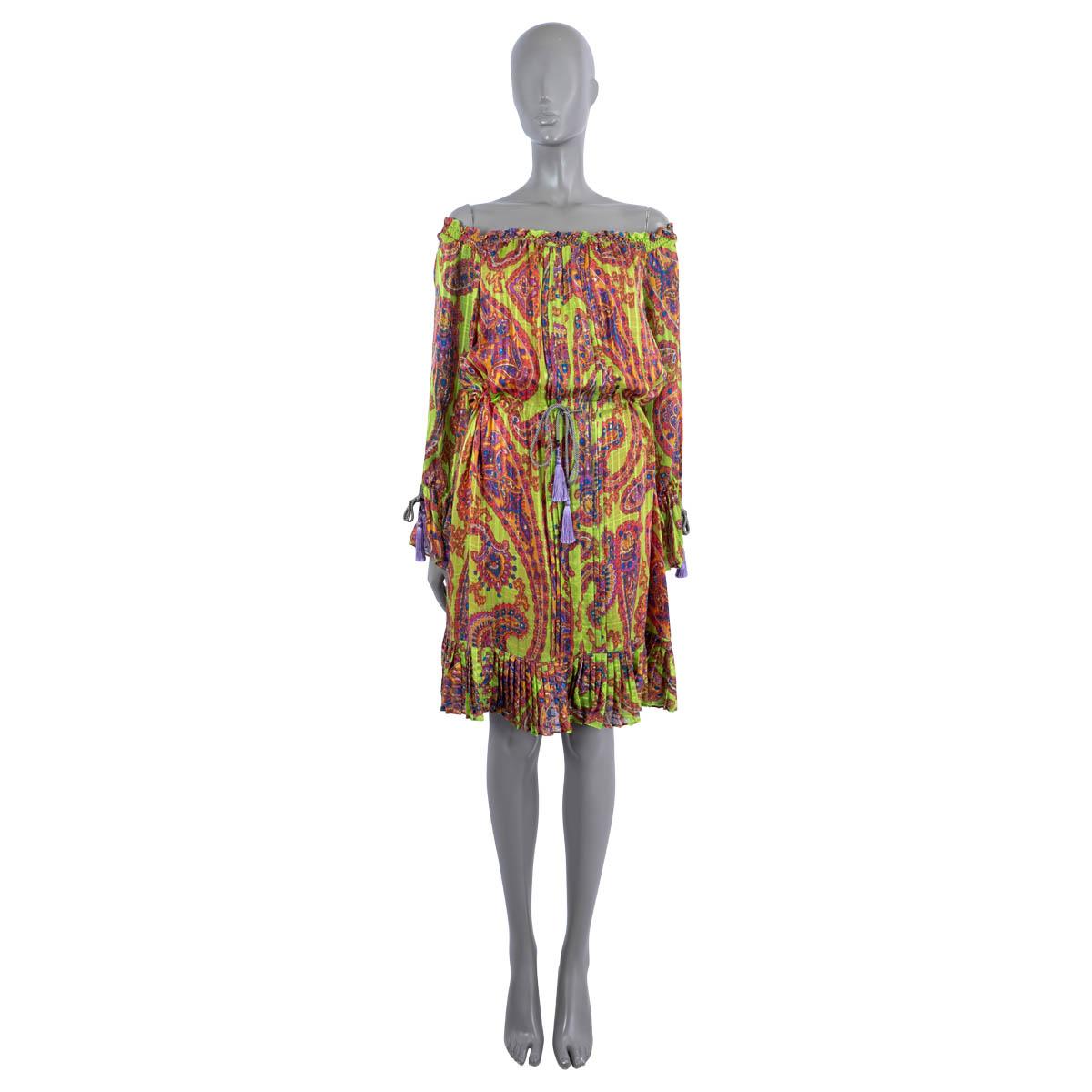 100% authentic Etro off-shoulder psychedelic print dress in neon, red, blue, purple and orange silk (100%) with tasseled ties at waist and cuffs. Lined in orange silk (100%). Has been worn and is in excellent condition.

Measurements
Tag
