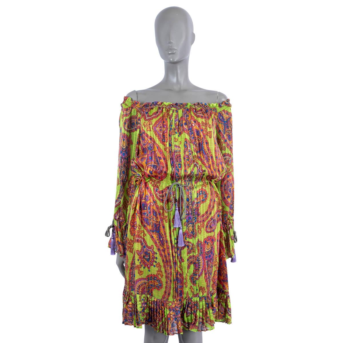 Women's ETRO neon green silk 2017 PSYCHEDELIC PRINTED TASSELED OFF SHOULDER Dress 40 S For Sale