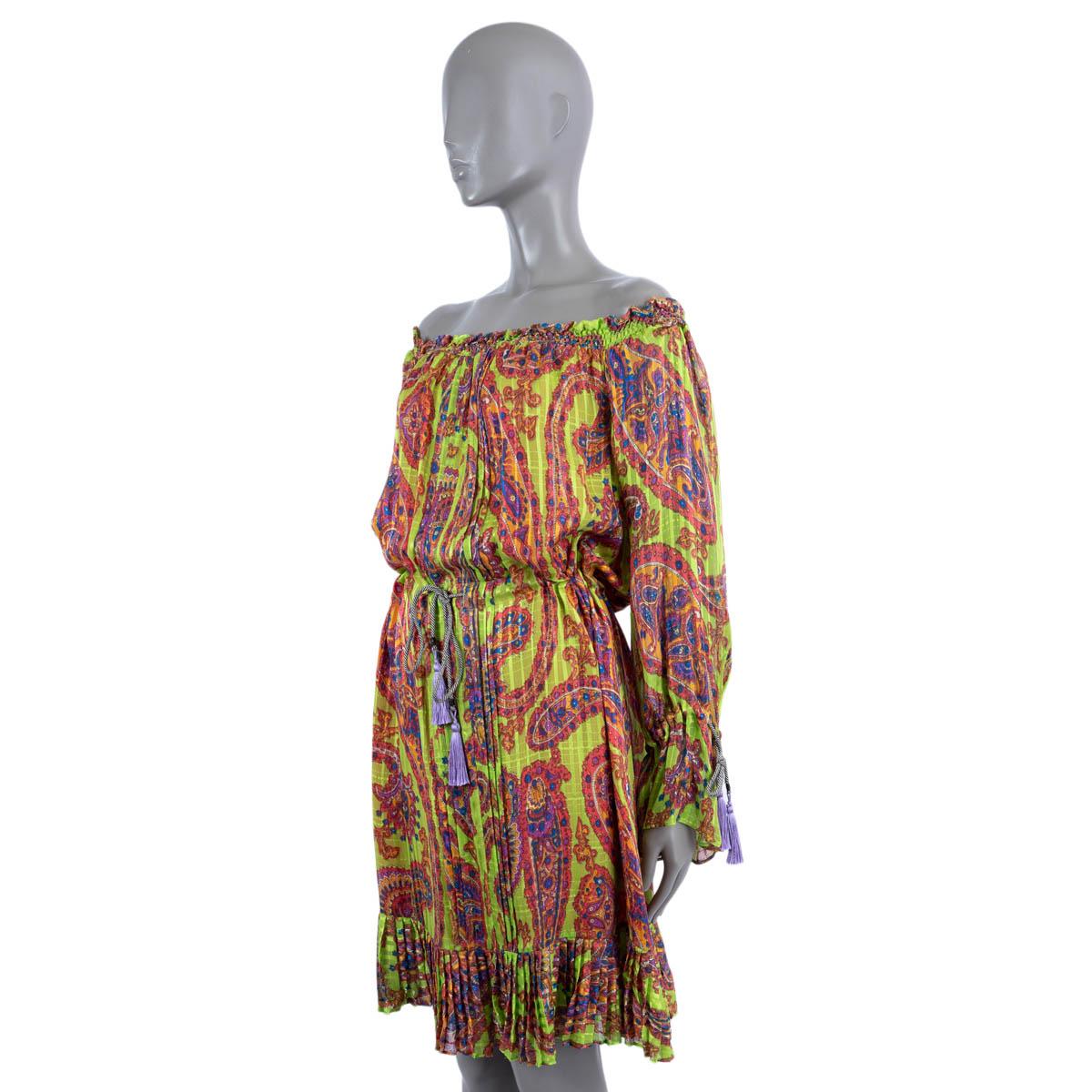 ETRO neon green silk 2017 PSYCHEDELIC PRINTED TASSELED OFF SHOULDER Dress 40 S For Sale 1