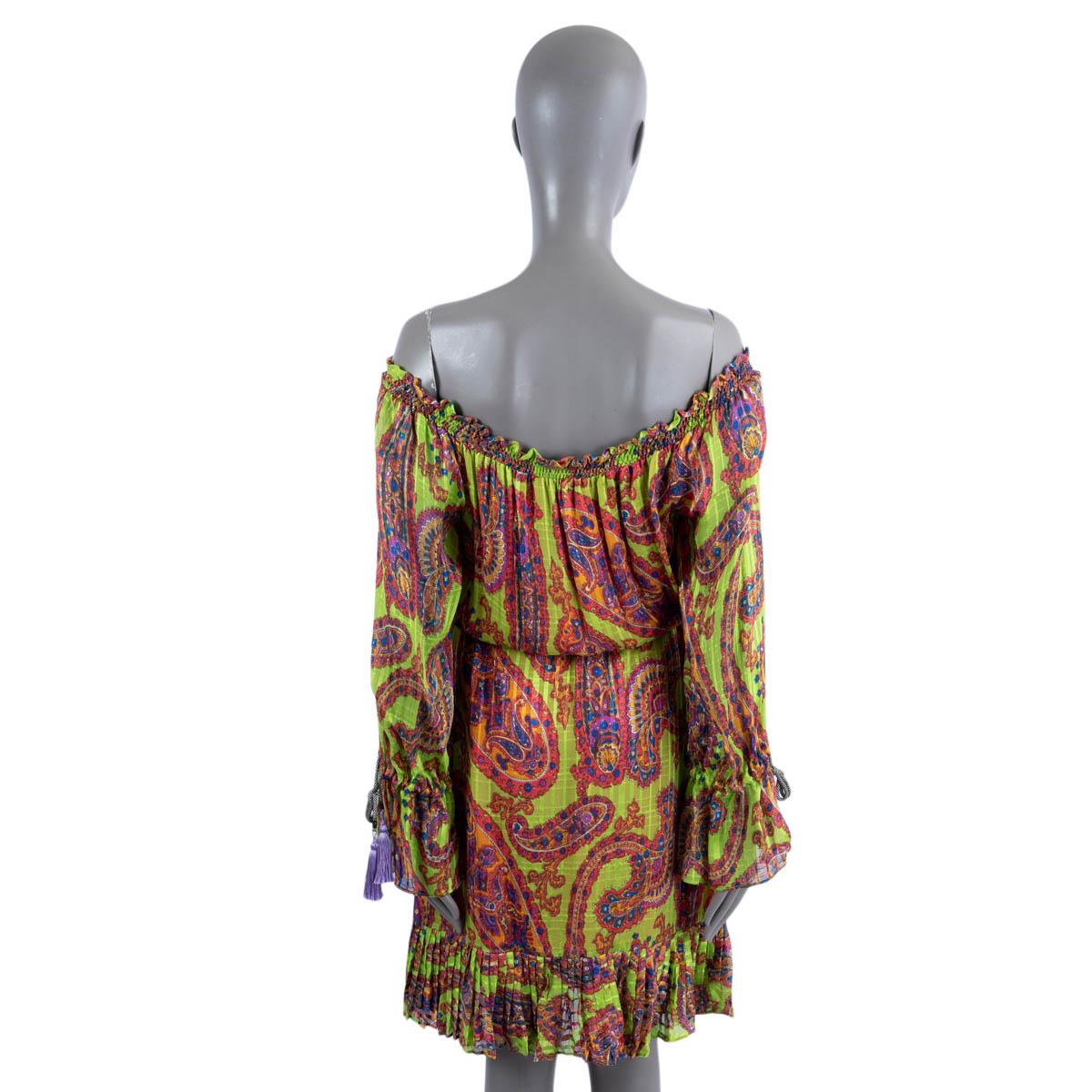 ETRO neon green silk 2017 PSYCHEDELIC PRINTED TASSELED OFF SHOULDER Dress 40 S For Sale 2