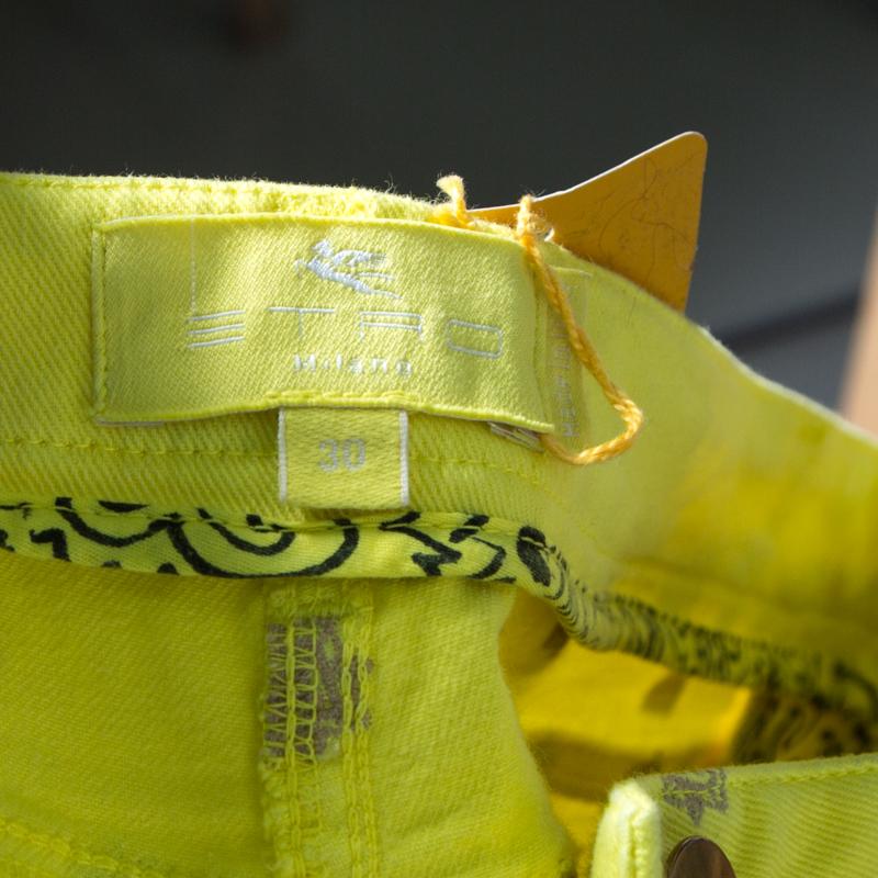 Women's Etro Neon Yellow Geometric Motif Embroidered Denim Skinny Jeans M
