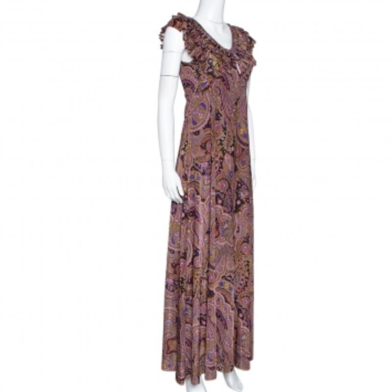 Donna Etro Olive Green Paisley Print Stretch Jersey Ruffled Maxi Dress S in vendita