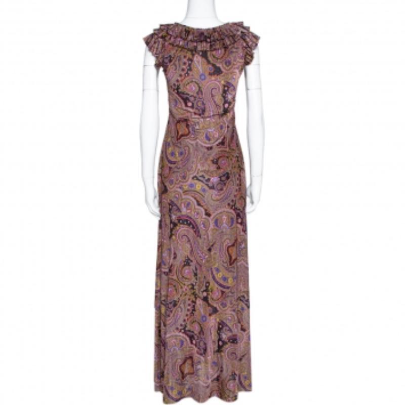 Etro Olive Green Paisley Print Stretch Jersey Ruffled Maxi Dress S in vendita 1