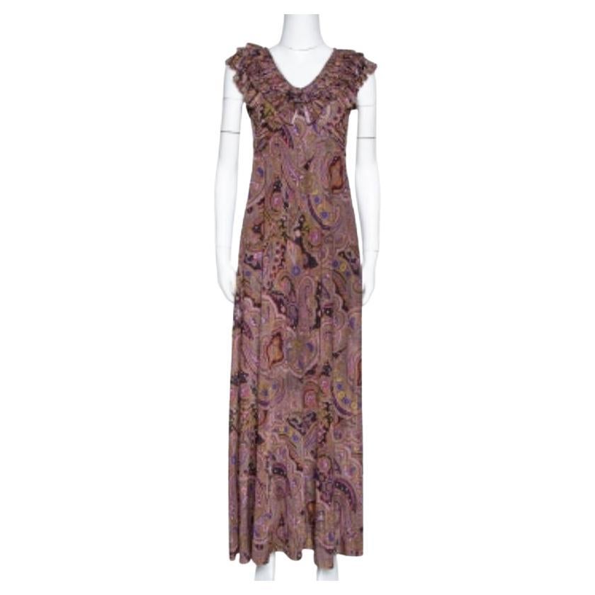 Etro Olive Green Paisley Print Stretch Jersey Ruffled Maxi Dress S in vendita