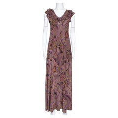 Etro Olive Green Paisley Print Stretch Jersey Ruffled Maxi Dress S