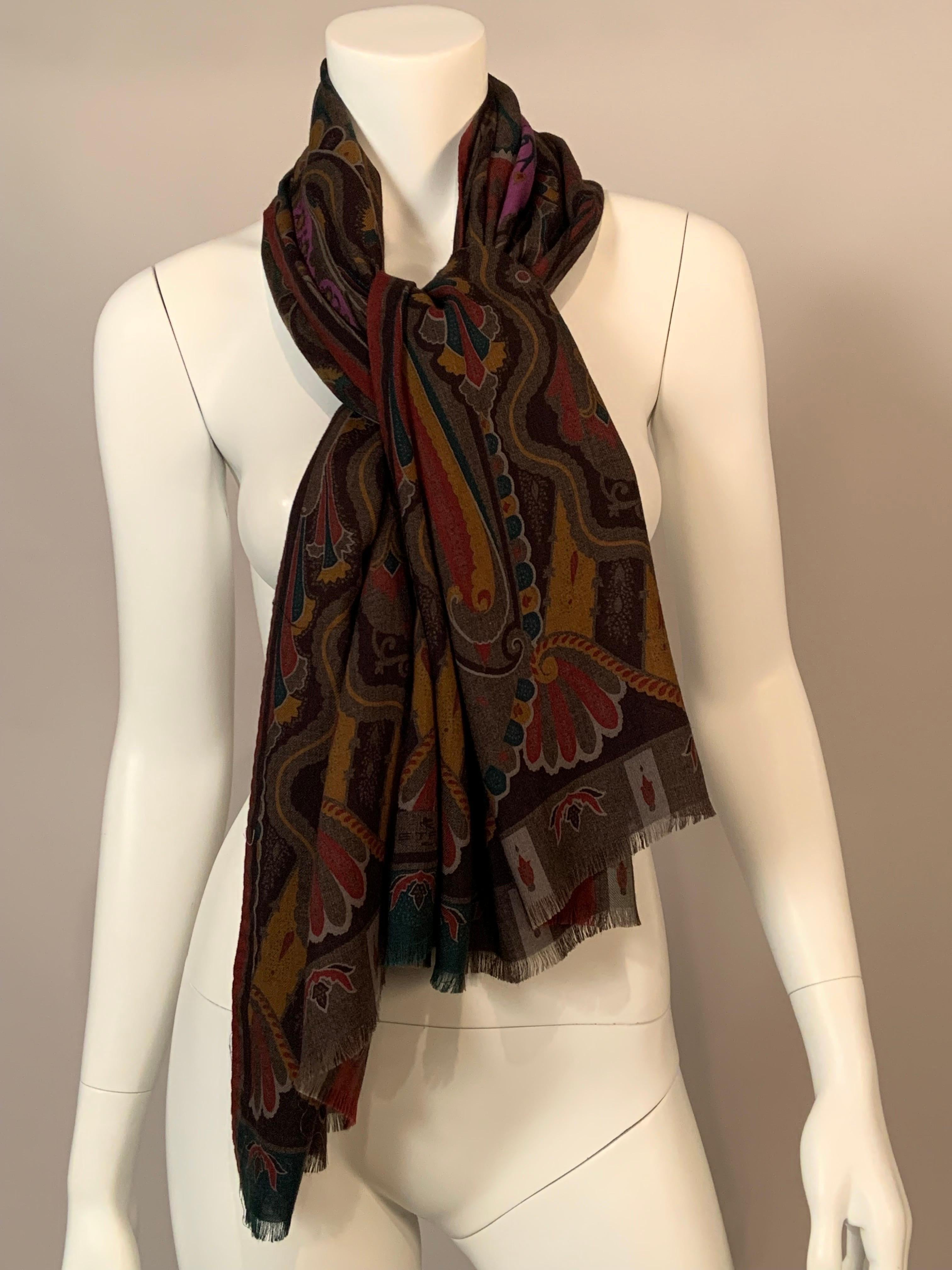 Women's or Men's Etro Olive Green Paisley Shawl with Purple Center Wool and Silk Blend 