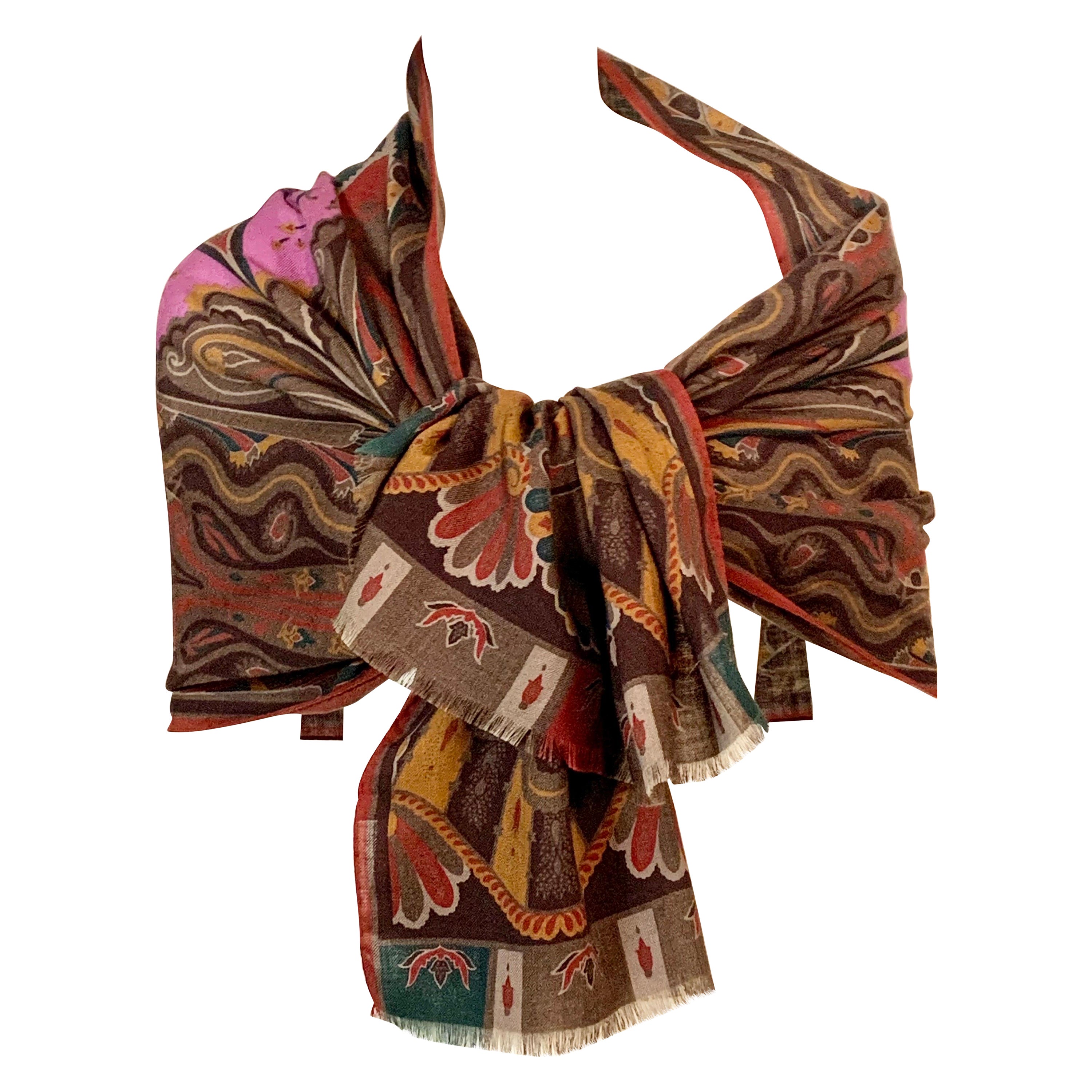 Etro Olive Green Paisley Shawl with Purple Center Wool and Silk Blend