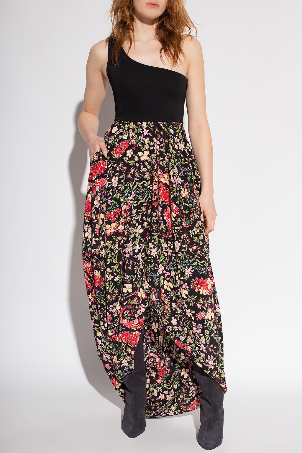 One-shoulder dress from Etro. With a black fitted top bodice, this style features a hidden zip and a hook & eye closure on the side and a maxi silk skirt with a frontal split and a colorful floral print.
Brand new, never worn with tags.
Made in