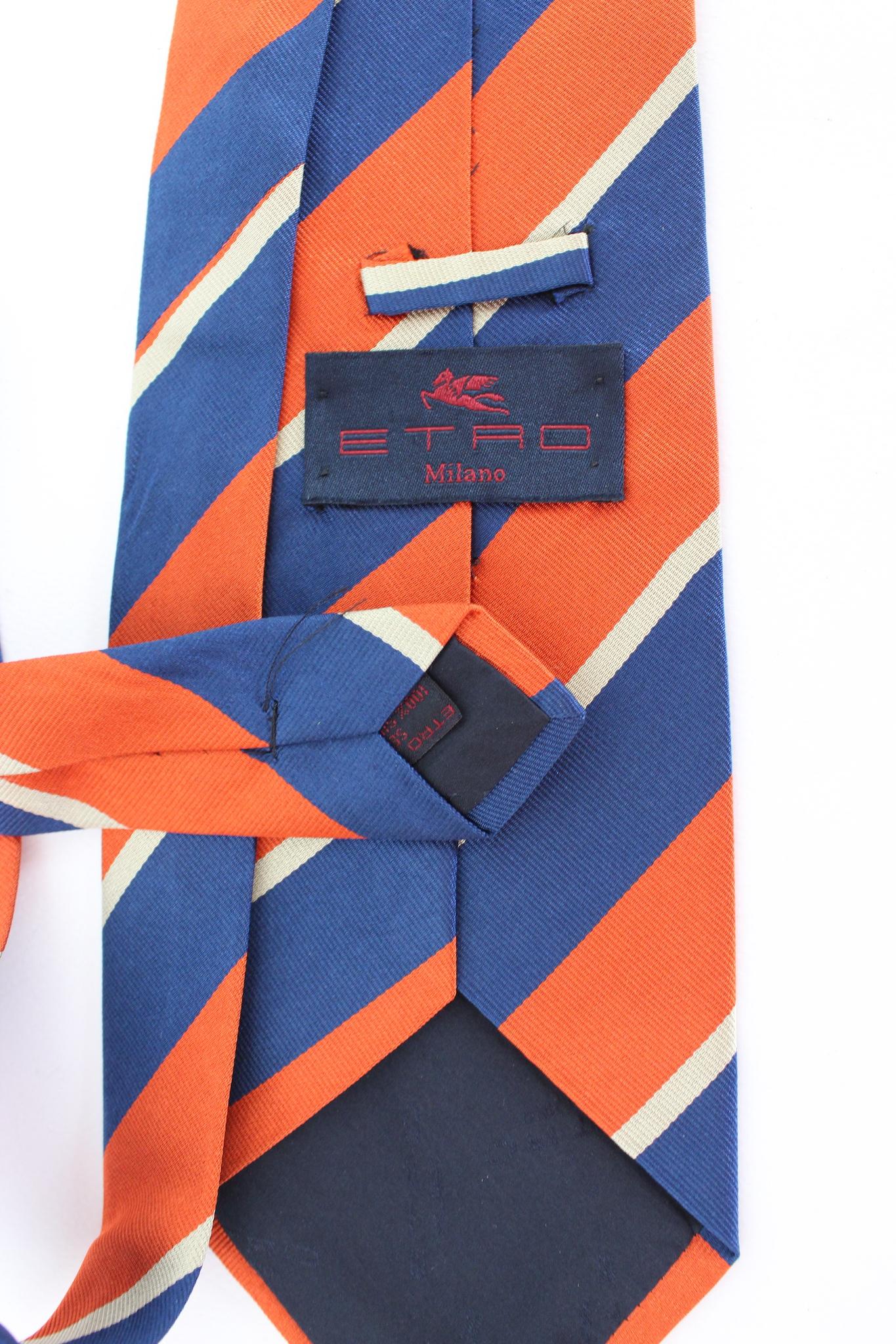 Noir Etro Orange Bleu Soie Pinstripe Vintage Tie 2000s en vente