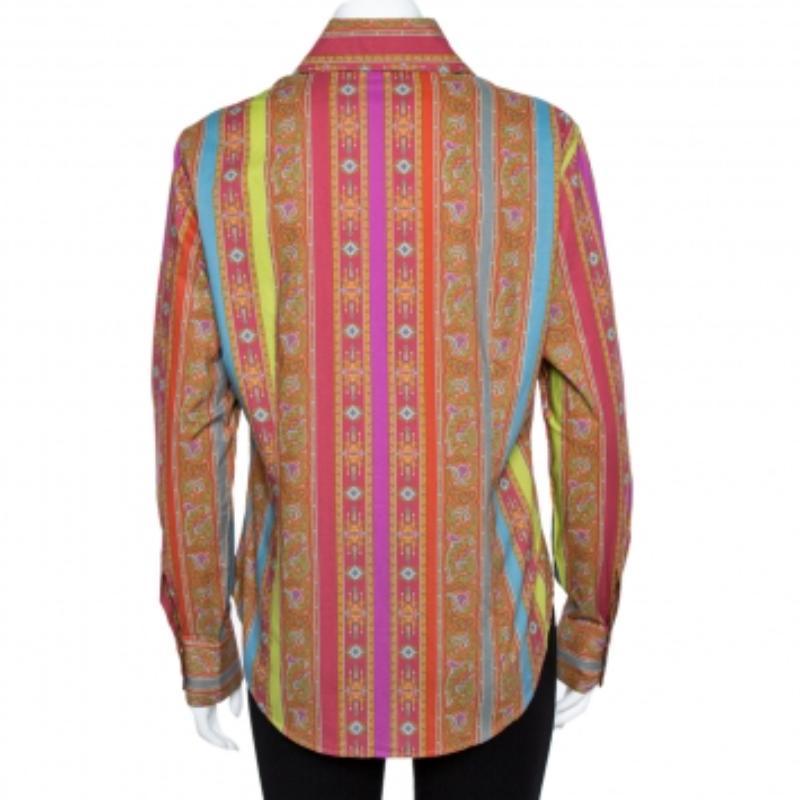 Etro Orange Cotton Floral Striped Button Front Shirt L For Sale 2