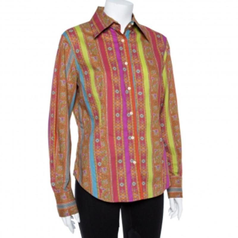 Etro Orange Cotton Floral Striped Button Front Shirt L For Sale 3