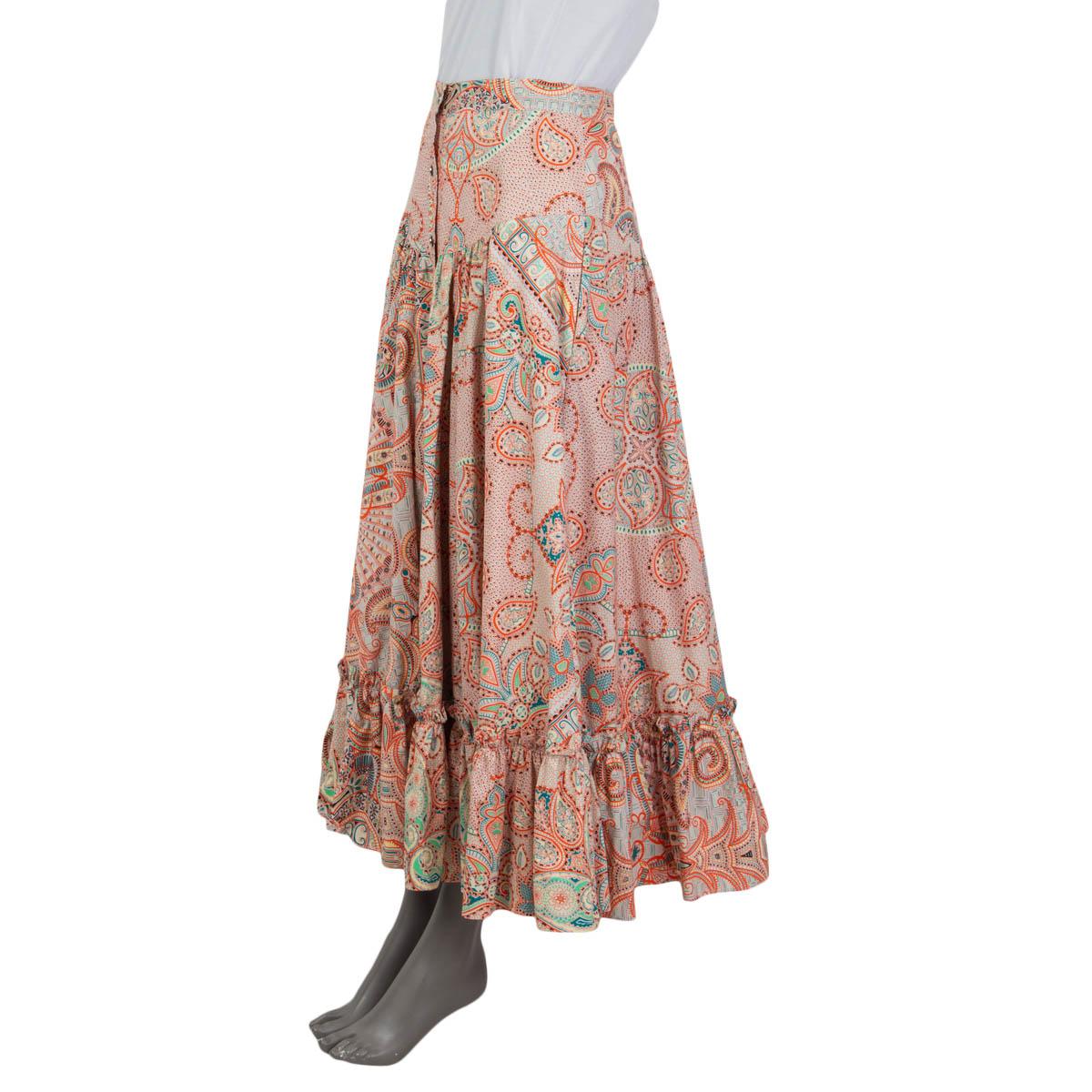 100% authentic Etro 'Papaya' gathered poplin midi skirt in orange, off-white, turquoise and yellow cotton (100%). Features two slit pockets on the sides. Opens with buttons on the front. Unlined. Brand new, with tags.

Measurements
Tag