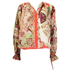 ETRO orange cotton POPLIN PAISELY Bishop Sleeve Button-Up Blouse Shirt 40 S
