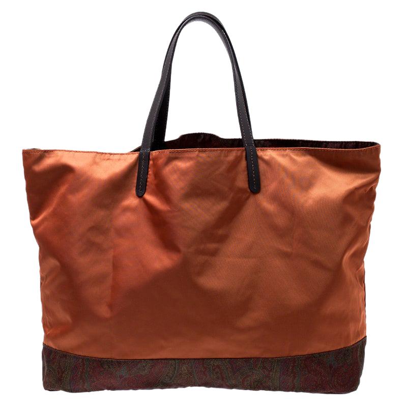 Etro Orange Paisley Nylon Reversible Shopper Tote