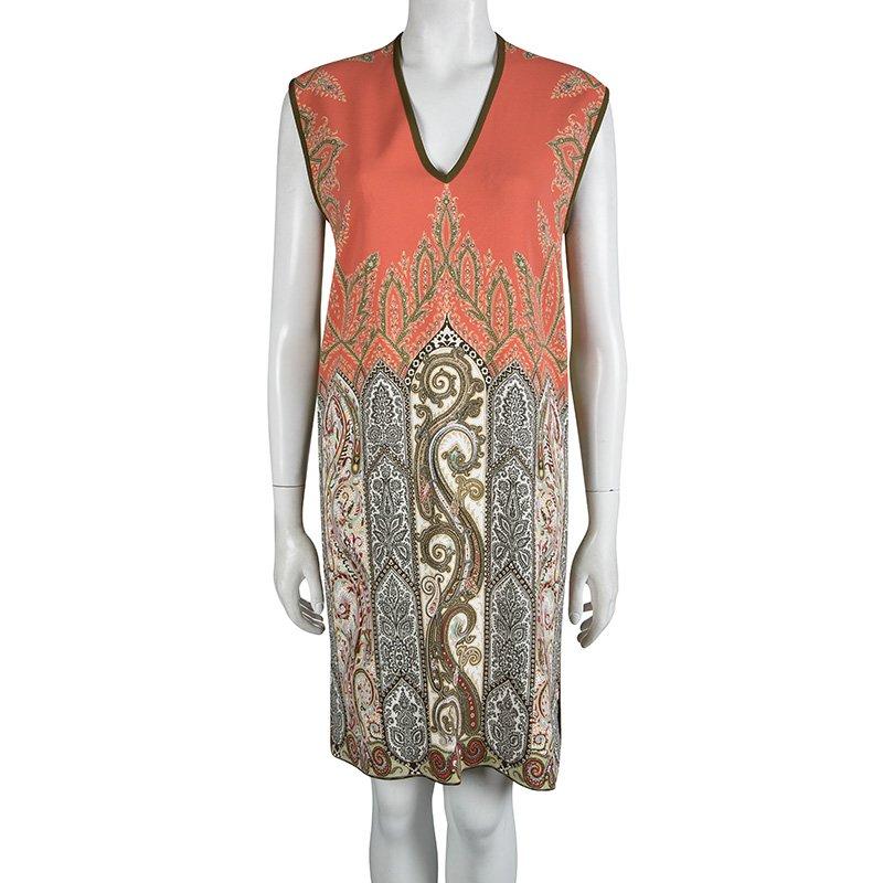 Etro Orange Printed Sleeveless V-Neck Dress M In New Condition In Dubai, Al Qouz 2