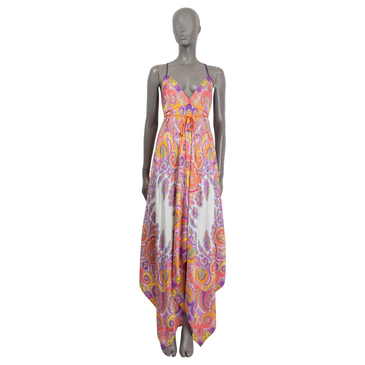 100% authentic Etro Moonlight sleeveless maxi dress in purple, orange, white and green paisley printed silk (100%) - please note the content tag is missing. Features a V-neck, spaghetti straps, an A-line silhouette with racer back, handkerchief hem