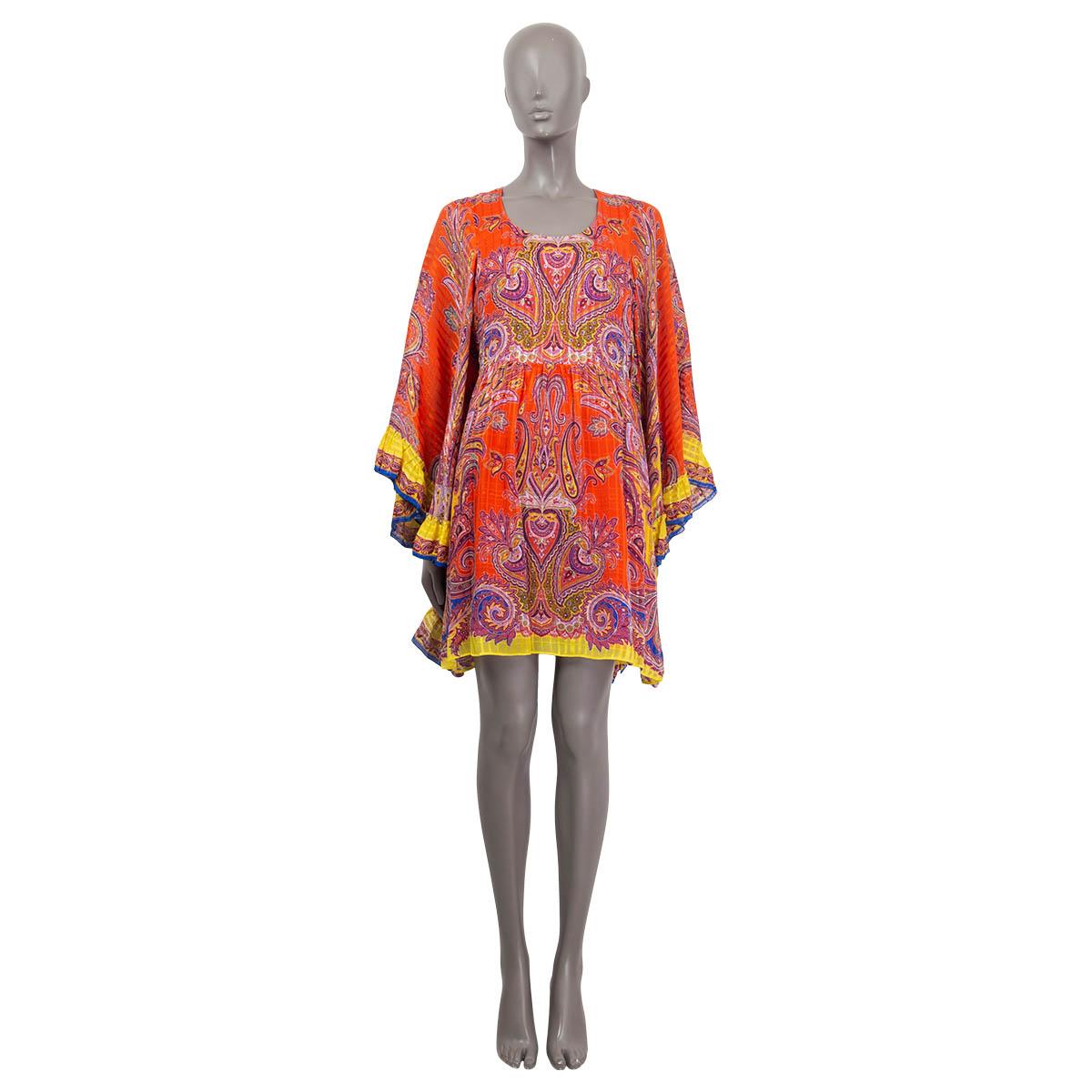 100% authentic Etro bell-sleeve dress in orange, yellow, blue, purple, lilac, green silk (100%) with a round neck. Closes on the back with a zipper. Lined in silk (100%). Has been worn and is in excellent condition. 

Measurements
Tag