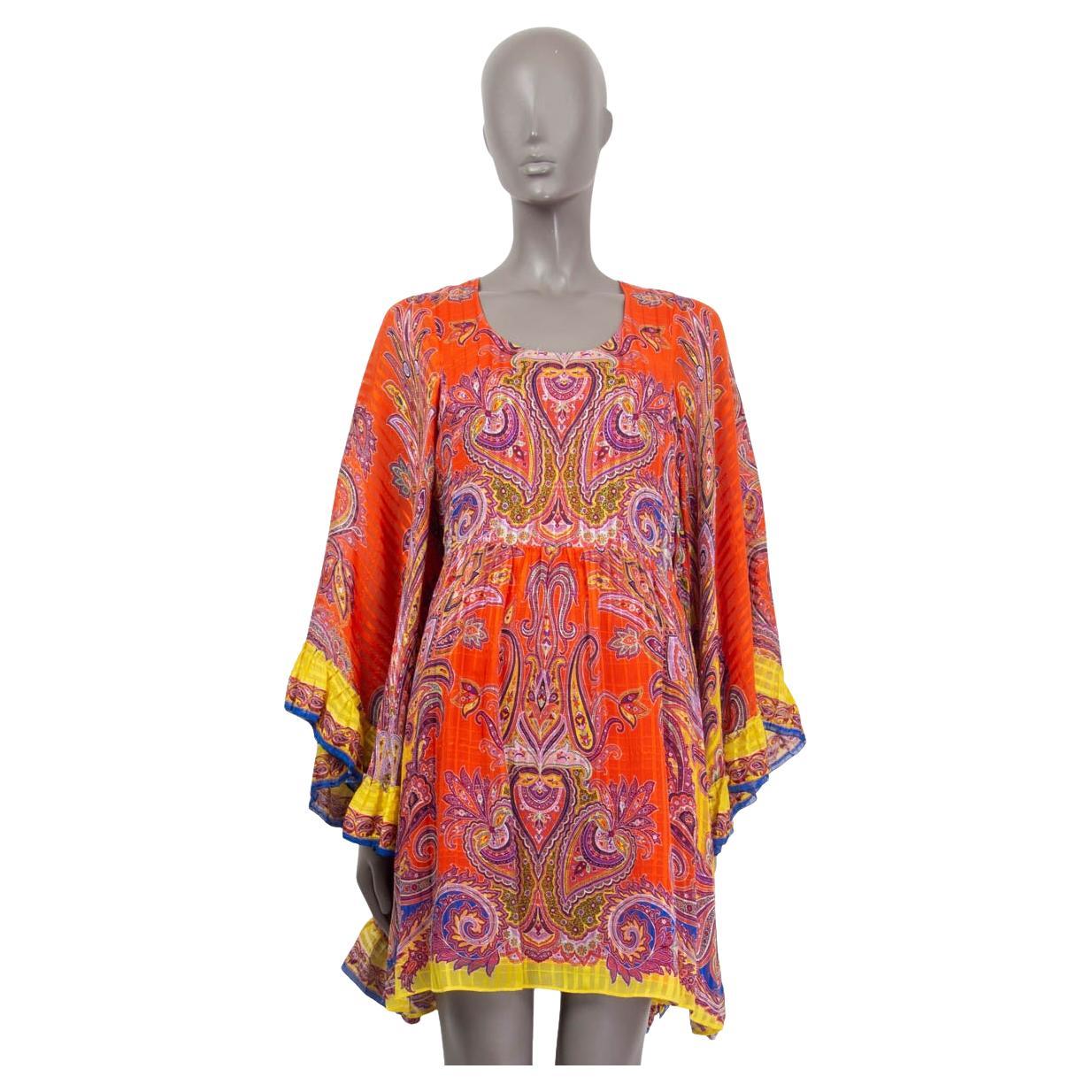 ETRO orange silk PAISLEY BELL SLEEVE MINI Dress 42 M For Sale