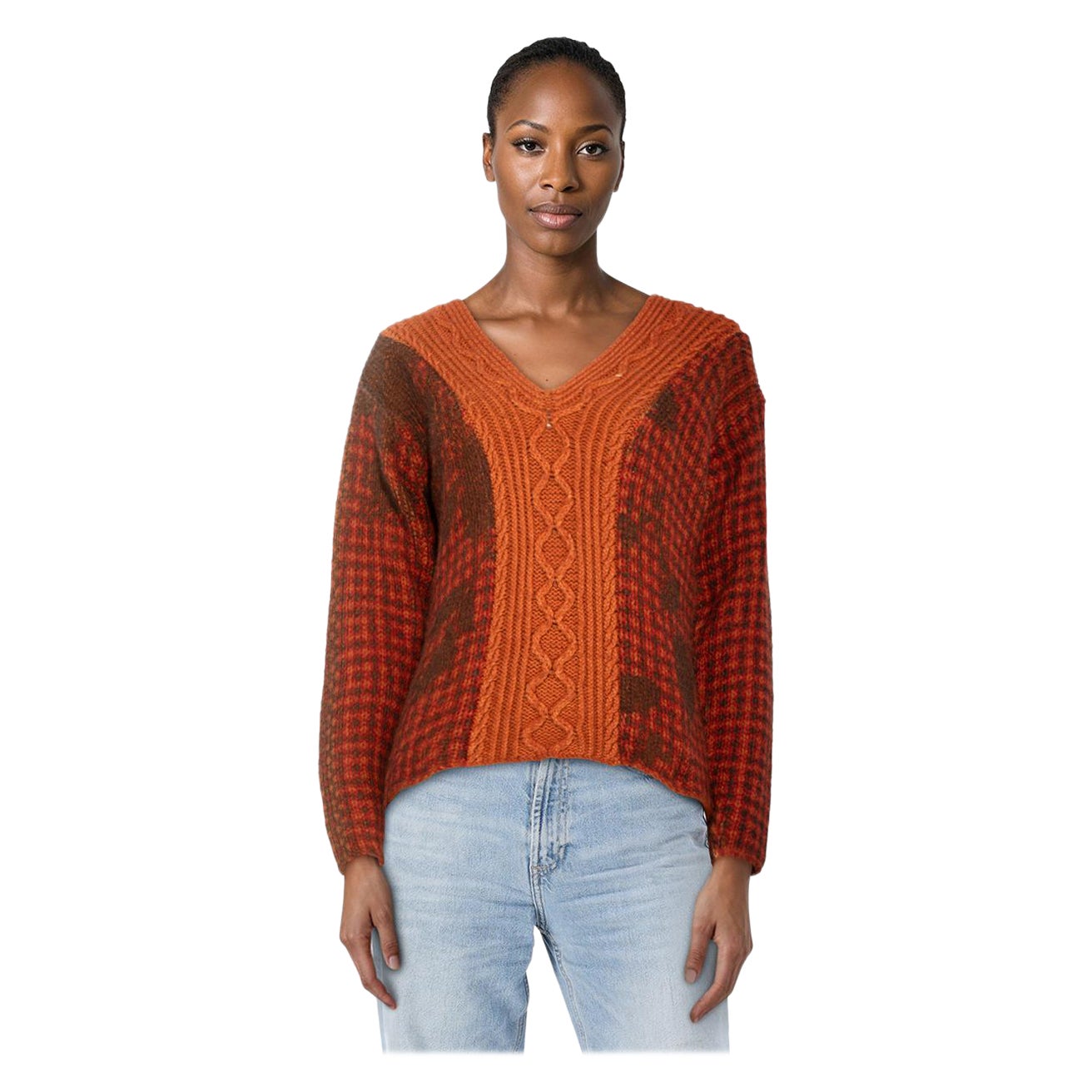 Etro Orange Wool Knit V-Neck Jumper Size S in vendita