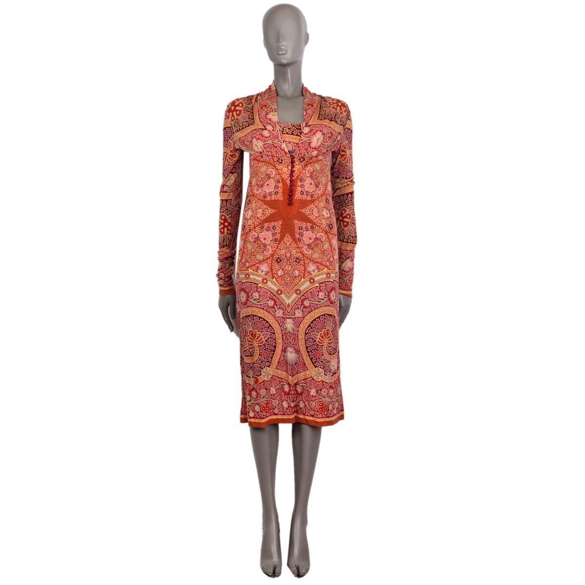 100% authentic Etro knit midi dress in magenta, salmon, beige, mauve, sage, and burnt orange wool (67%), nylon (22%), and elastane (11%). With long sleeves, pleated low v neck and empire waist. Closes with fabric-lined buttons on the front. Unlined.