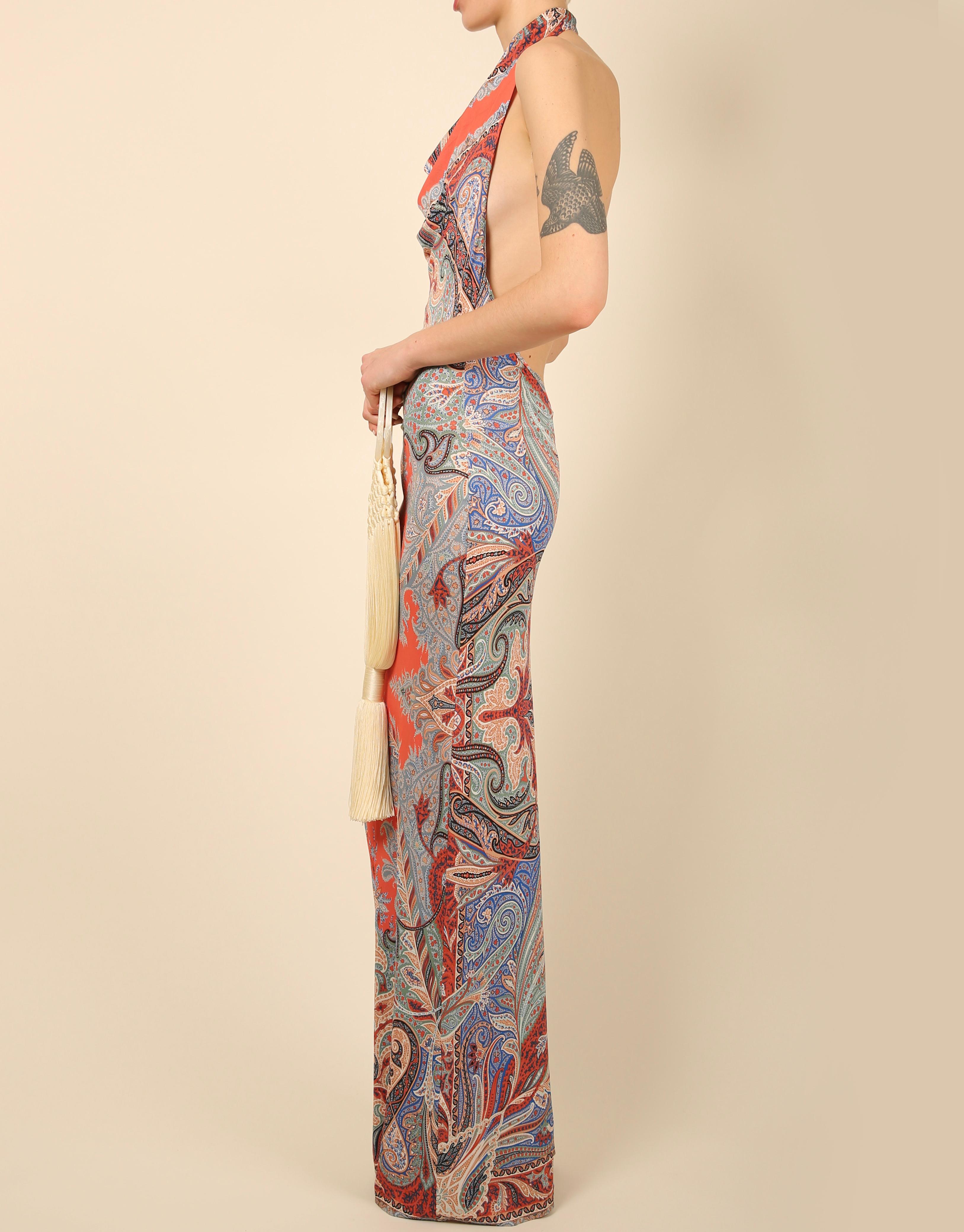 Etro paisley print red blue black white halter neck backless draped maxi dress For Sale 7