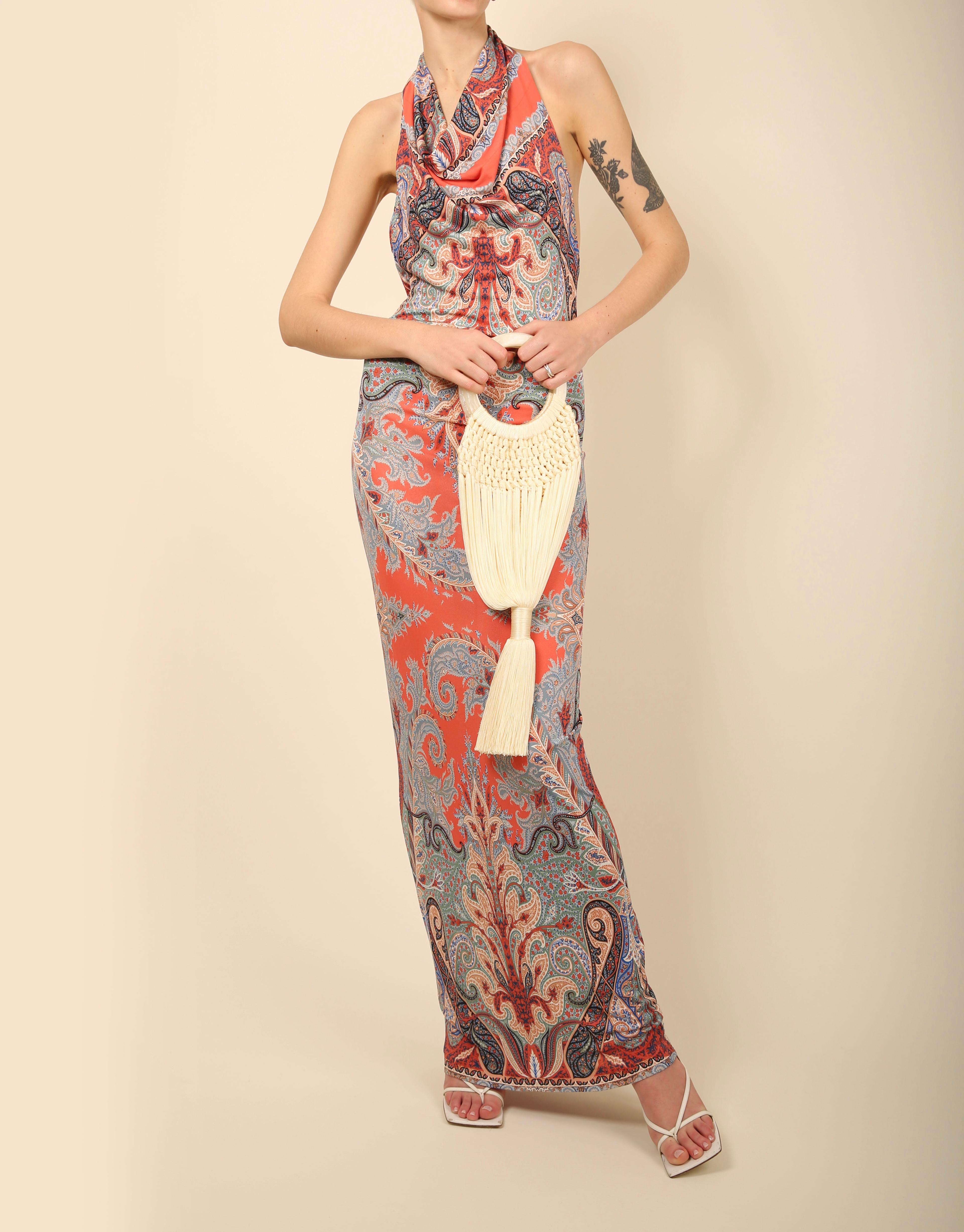 Etro paisley print red blue black white halter neck backless draped maxi dress In Excellent Condition For Sale In Paris, FR