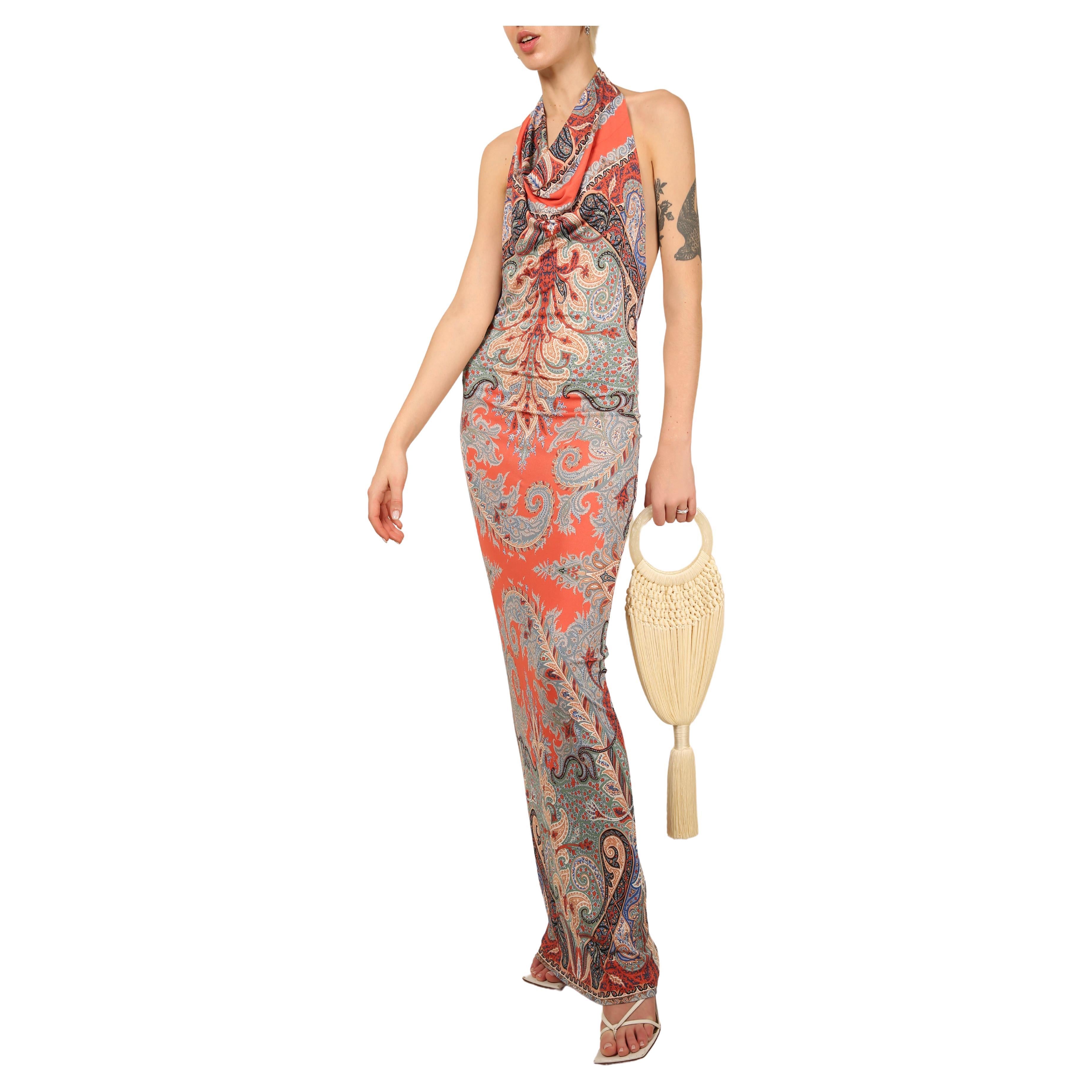 Etro paisley print red blue black white halter neck backless draped maxi dress