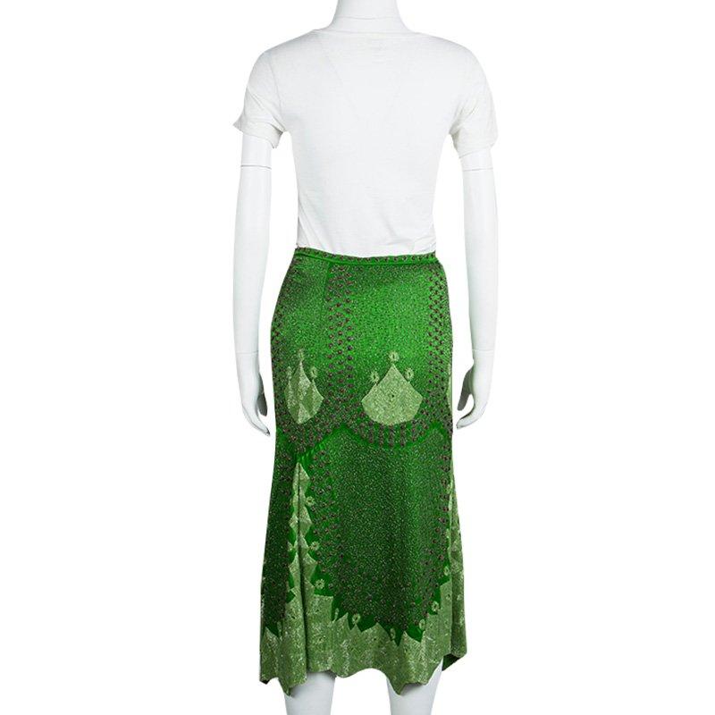 Etro Parrot Green Silk Hand Embellished Beadwork Midi Skirt M In Good Condition In Dubai, Al Qouz 2