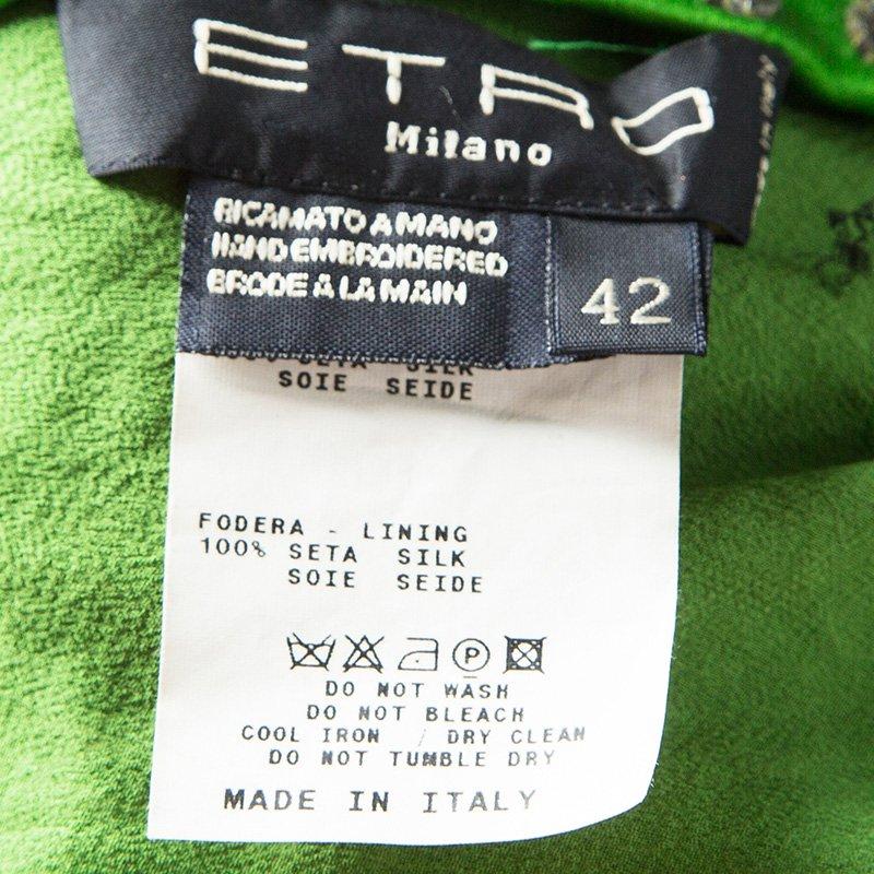 Etro Parrot Green Silk Hand Embellished Beadwork Midi Skirt M 1
