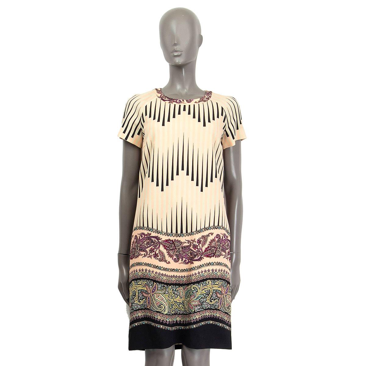 100% authentic Etro short sleeve striped dress in peach, black, mint, purple and turquoise wool (100%). Opens with a concealed zipper and a hook at the back. Lined in beige acetate (56%) and viscose (44%). Has been worn and is in excellent