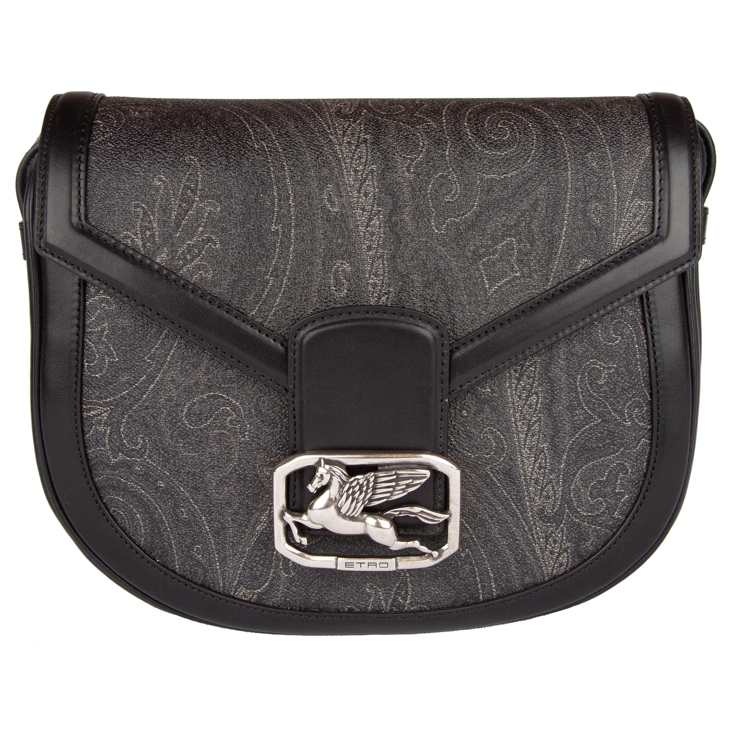 Etro Pegaso Grey/Black Paisley Printed Leather Shoulder Bag w/ Adjustable Strap  For Sale