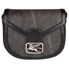 Etro Pegaso Grey/Black Paisley Printed Leather Shoulder Bag w/ Adjustable Strap 