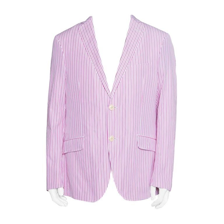 Etro Pink and White Striped Cotton Tailored Blazer L
