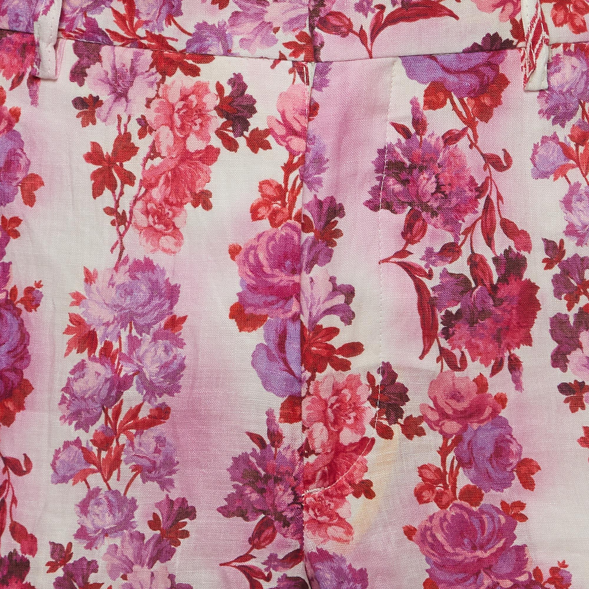 Etro Pink Floral Print Linen Straight Fit Pants XXL In Excellent Condition For Sale In Dubai, Al Qouz 2