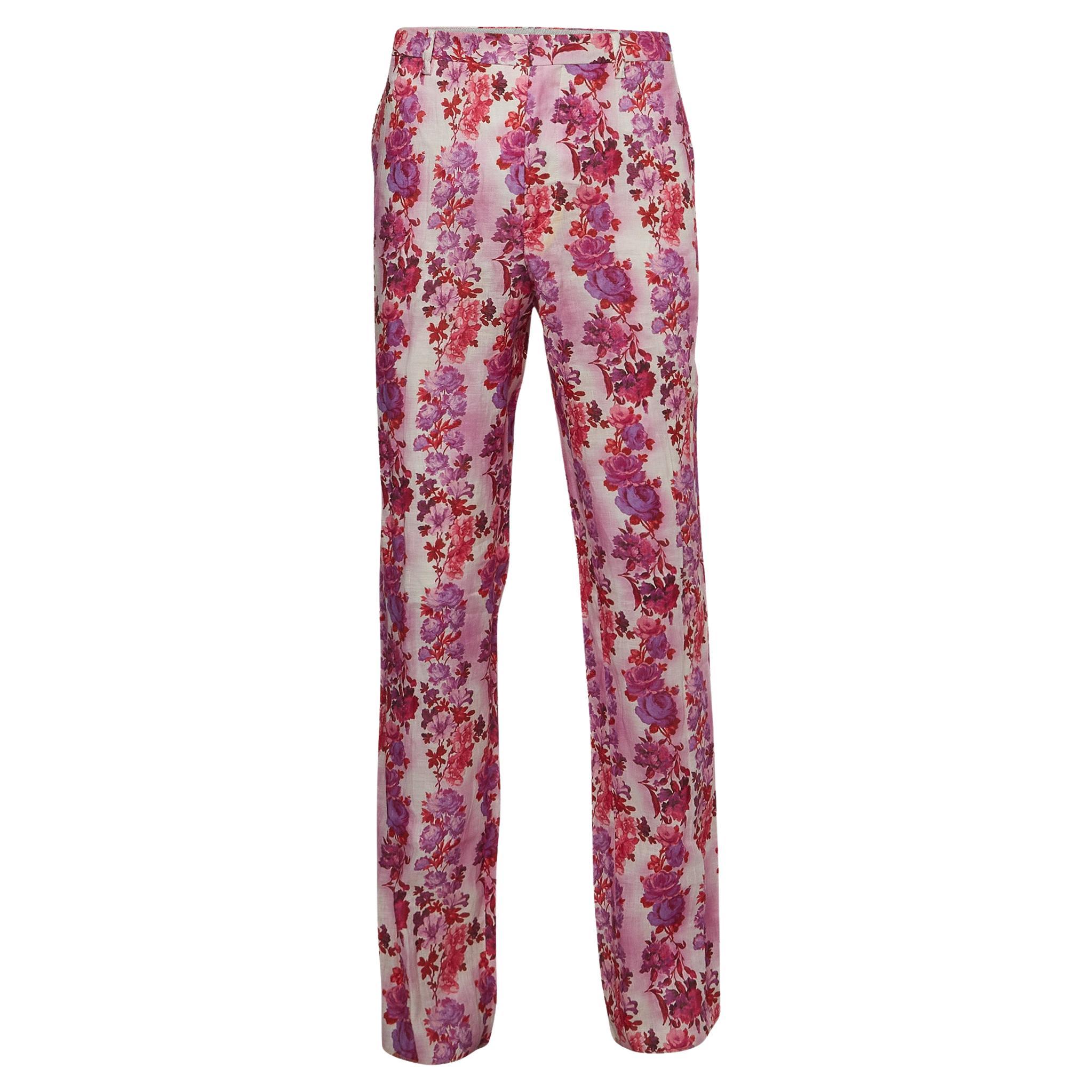 Etro Pink Floral Print Linen Straight Fit Pants XXL For Sale