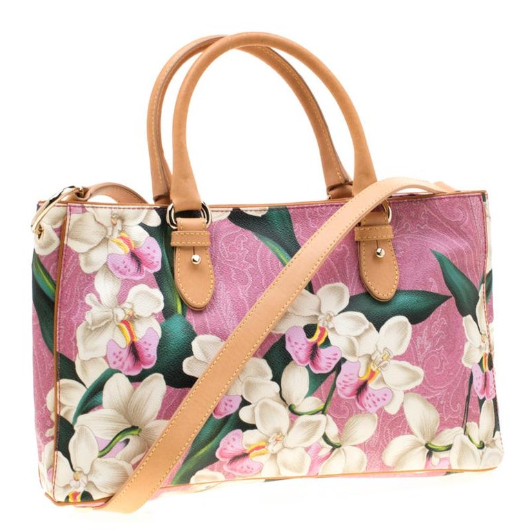 Etro Pink/Light Brown Floral Paisley Printed Coated Canvas Tote For Sale at 1stDibs