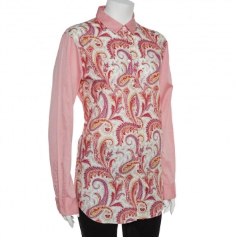 Women's Etro Pink Paisley Print Cotton Button Front Shirt L For Sale