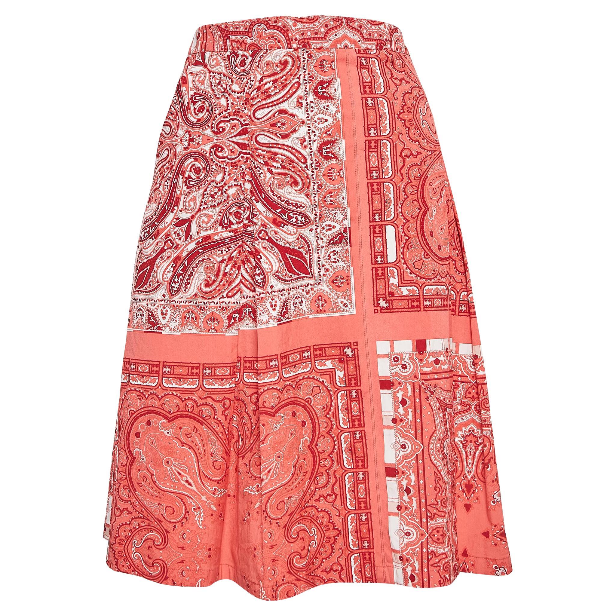 Etro Pink Paisley Print Pleated Cotton Short Skirt L For Sale