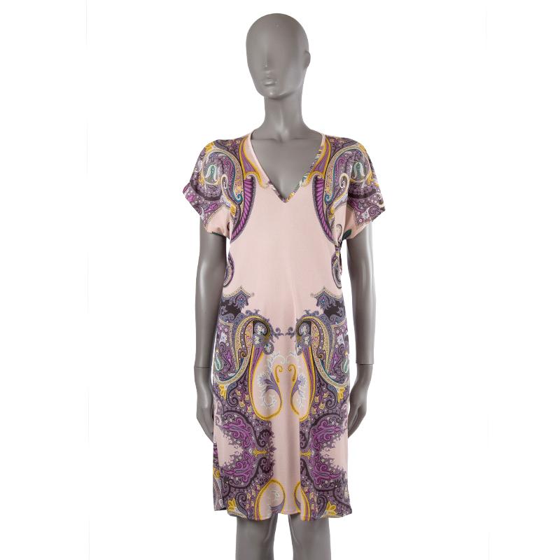 100% authentic Etro paisley print dress in rose, purple, black, yellow, white, and petrol jersey fabric (missing tag). With V neck and cap sleeves. Unlined. Has been worn and is in excellent condition.

Tag Size	44
Size	L
Bust	100cm (39in) to 120cm