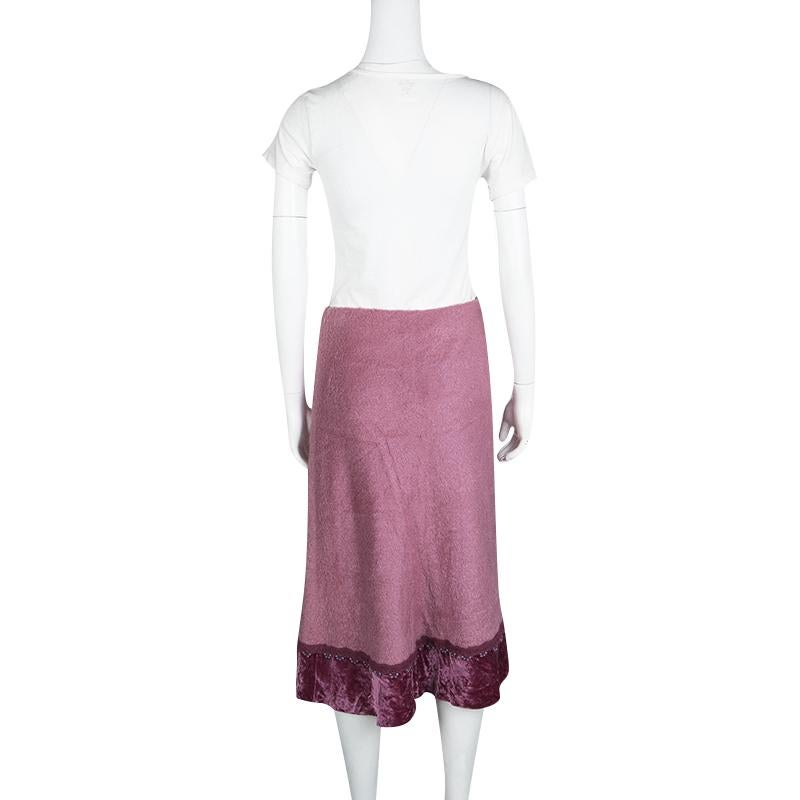 Brown Etro Pink Wool Blend Velvet Trim Bead Detail Midi Skirt S