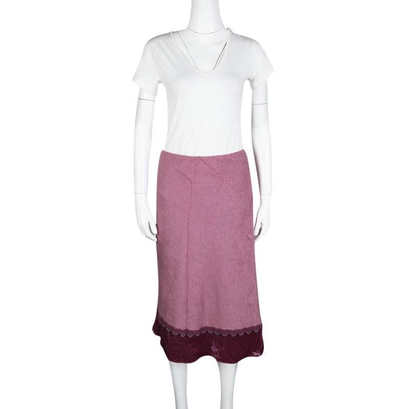 Etro Pink Wool Blend Velvet Trim Bead Detail Midi Skirt S In Good Condition For Sale In Dubai, Al Qouz 2