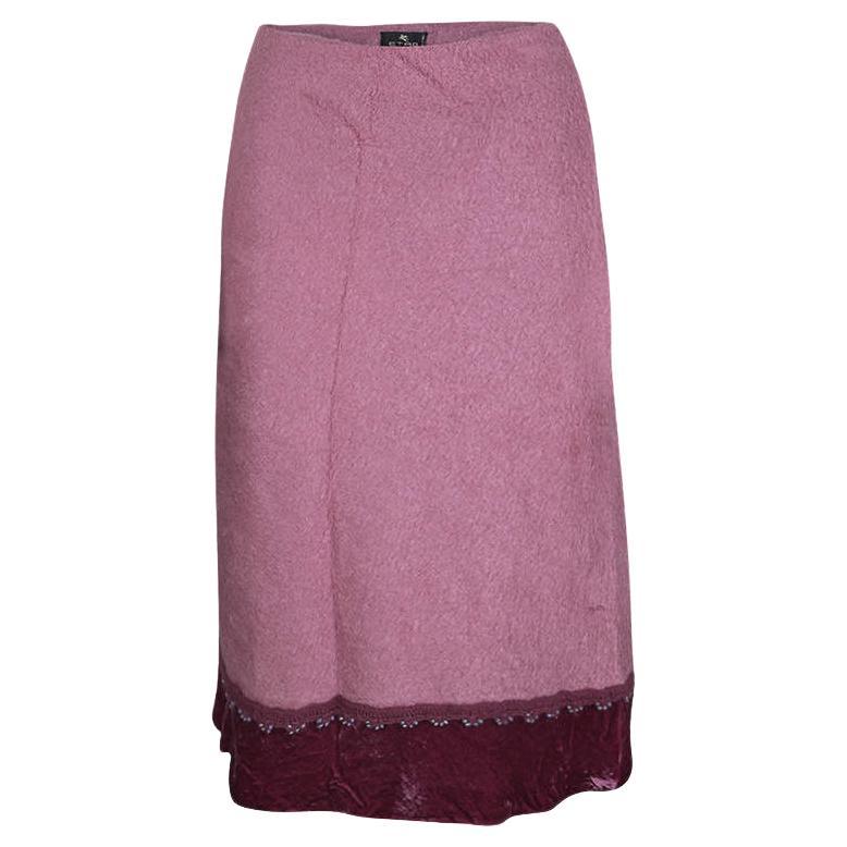 Etro Pink Wool Blend Velvet Trim Bead Detail Midi Skirt S For Sale