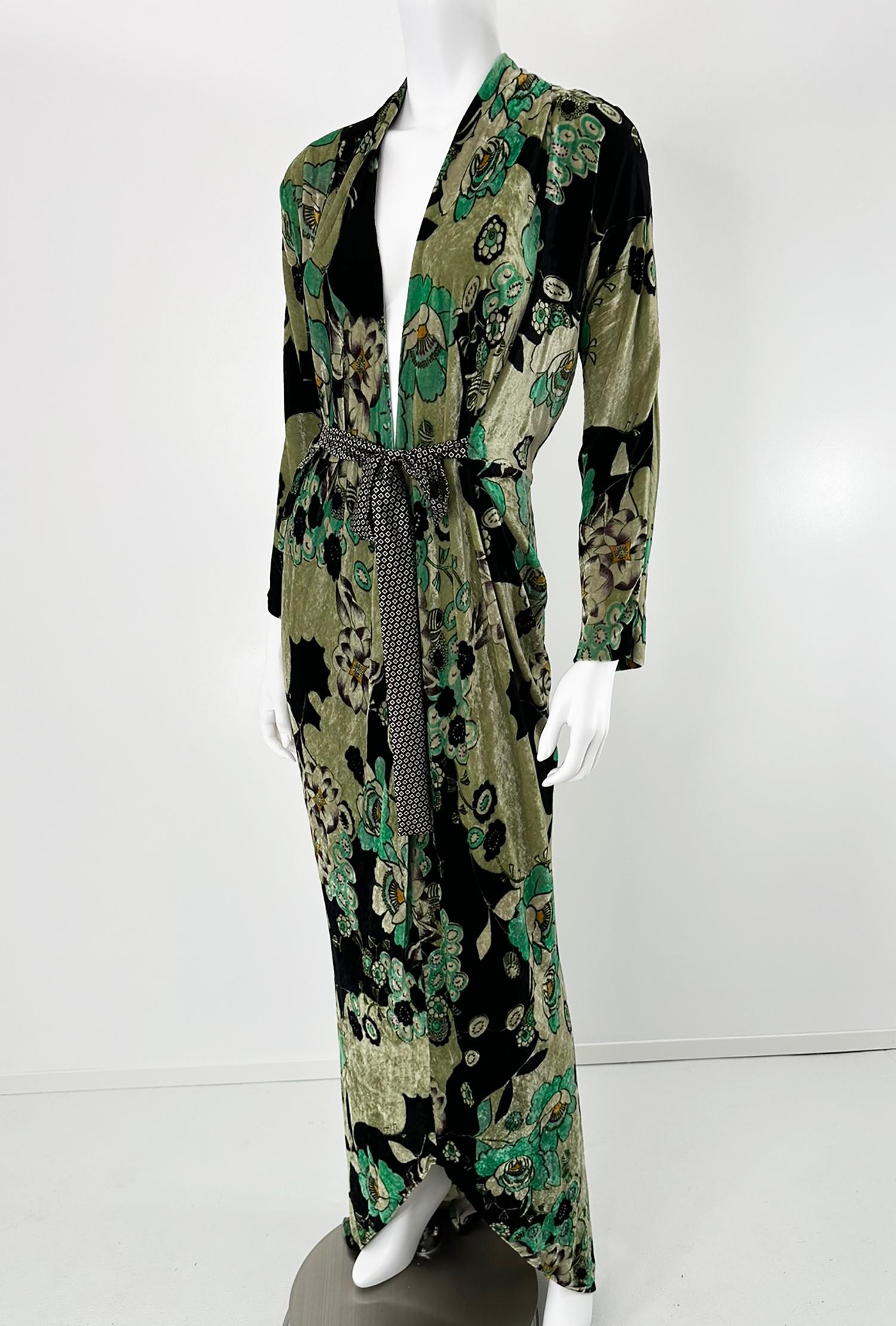Etro - Velluto Panne Stampato con fiori muti - Vestito Maxi con scollo a V e vita a cravatta 44 in vendita 7