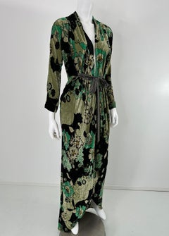 Etro Printed Panne Velvet Muted Floral Plunge V Neck Tie Waist Maxi Dress 44