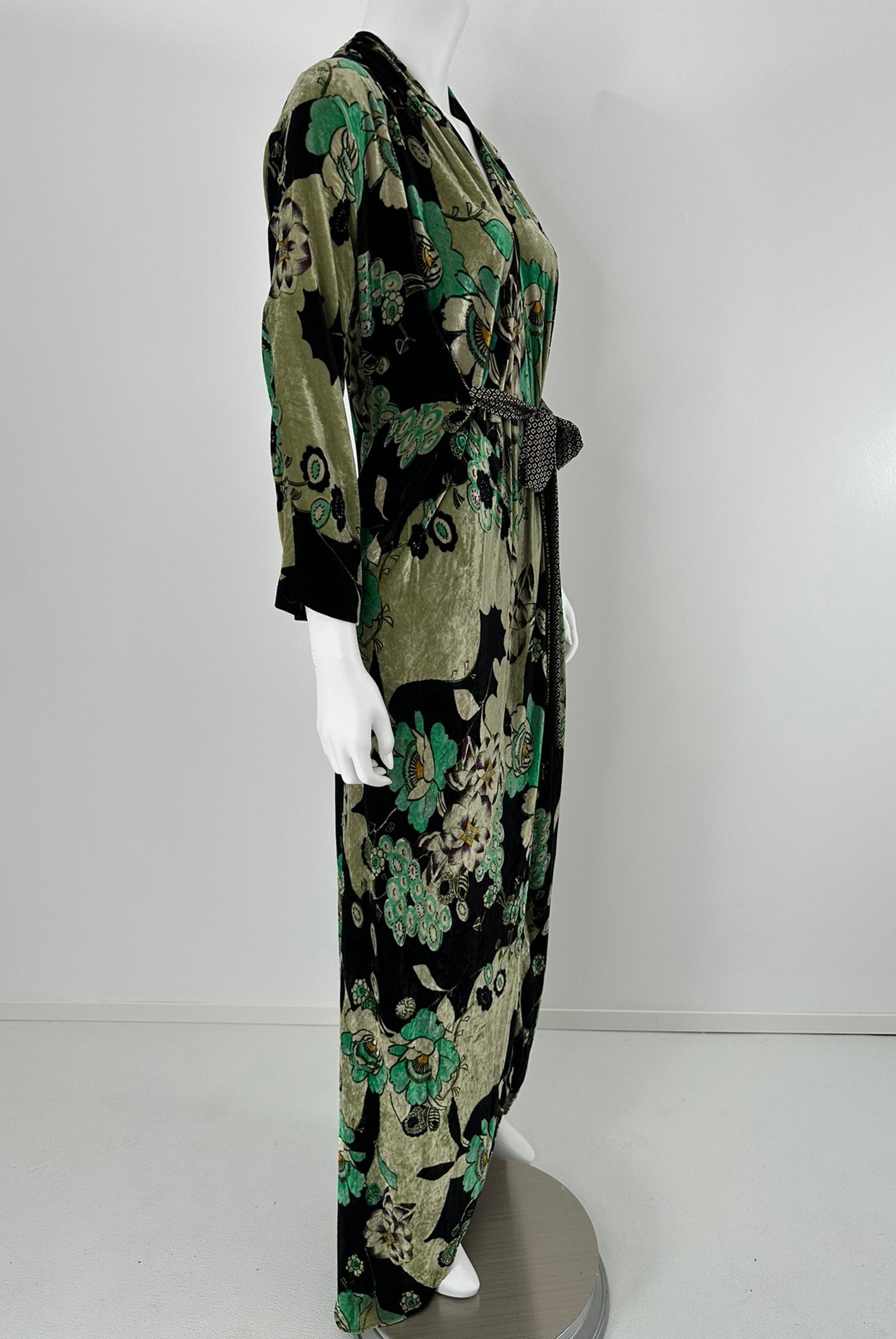 Etro - Velluto Panne Stampato con fiori muti - Vestito Maxi con scollo a V e vita a cravatta 44 In condizioni buone in vendita a West Palm Beach, FL