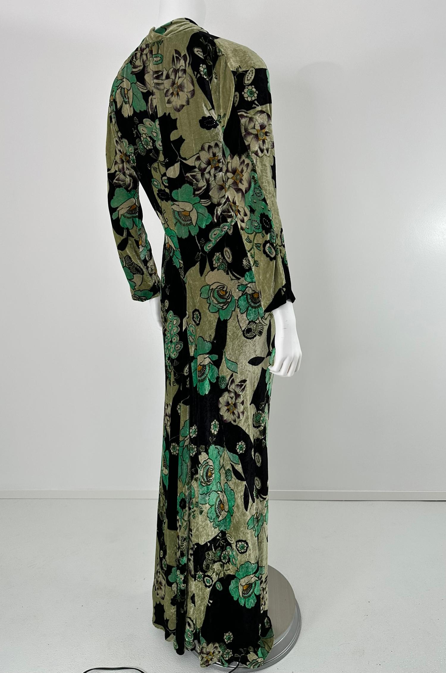Donna Etro - Velluto Panne Stampato con fiori muti - Vestito Maxi con scollo a V e vita a cravatta 44 in vendita