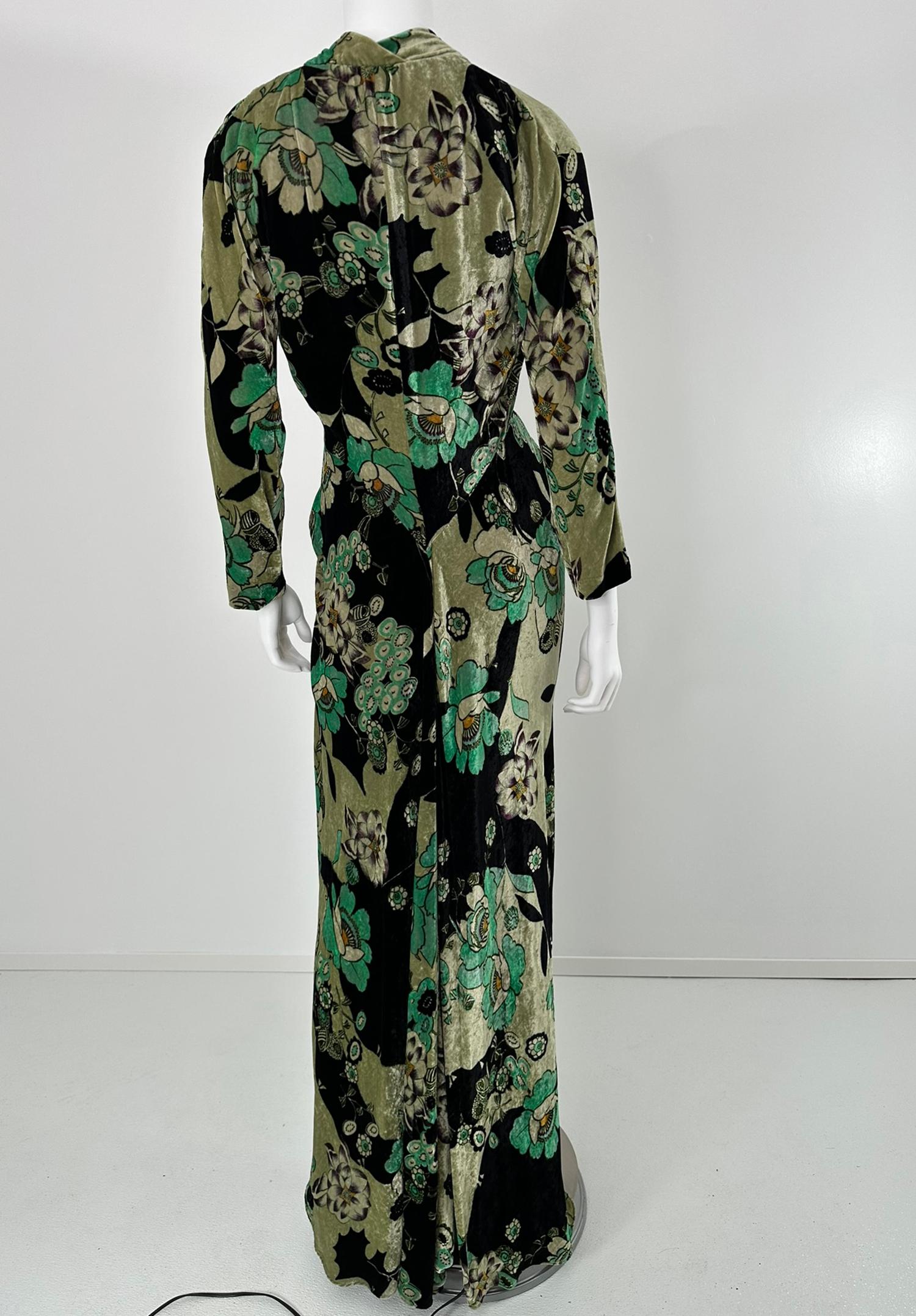 Etro - Velluto Panne Stampato con fiori muti - Vestito Maxi con scollo a V e vita a cravatta 44 in vendita 1